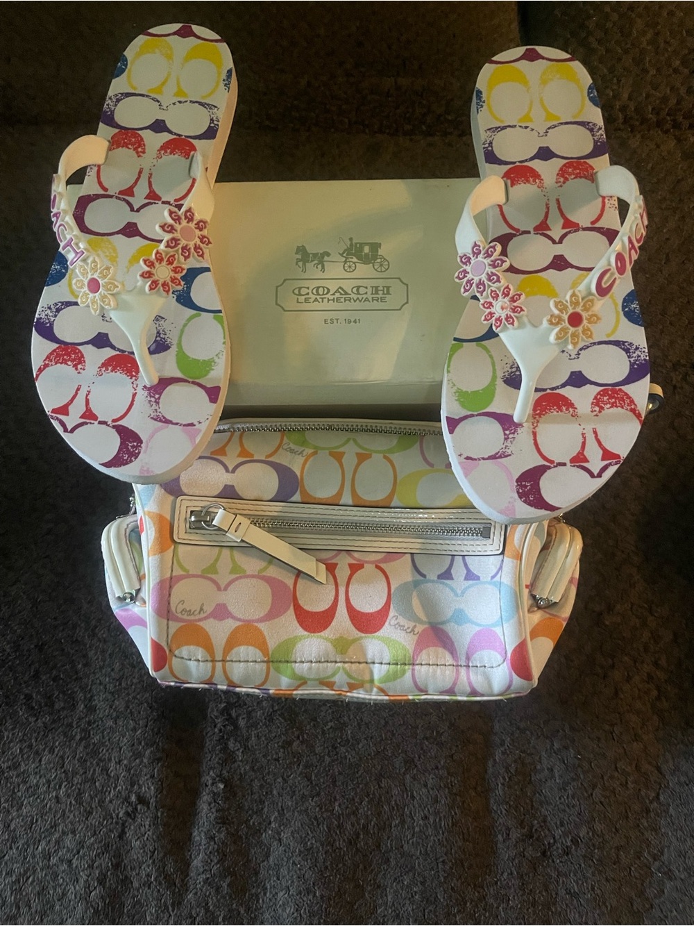 Coach Kids White Multicolor Signature Crossbody with Floral Flip Flops